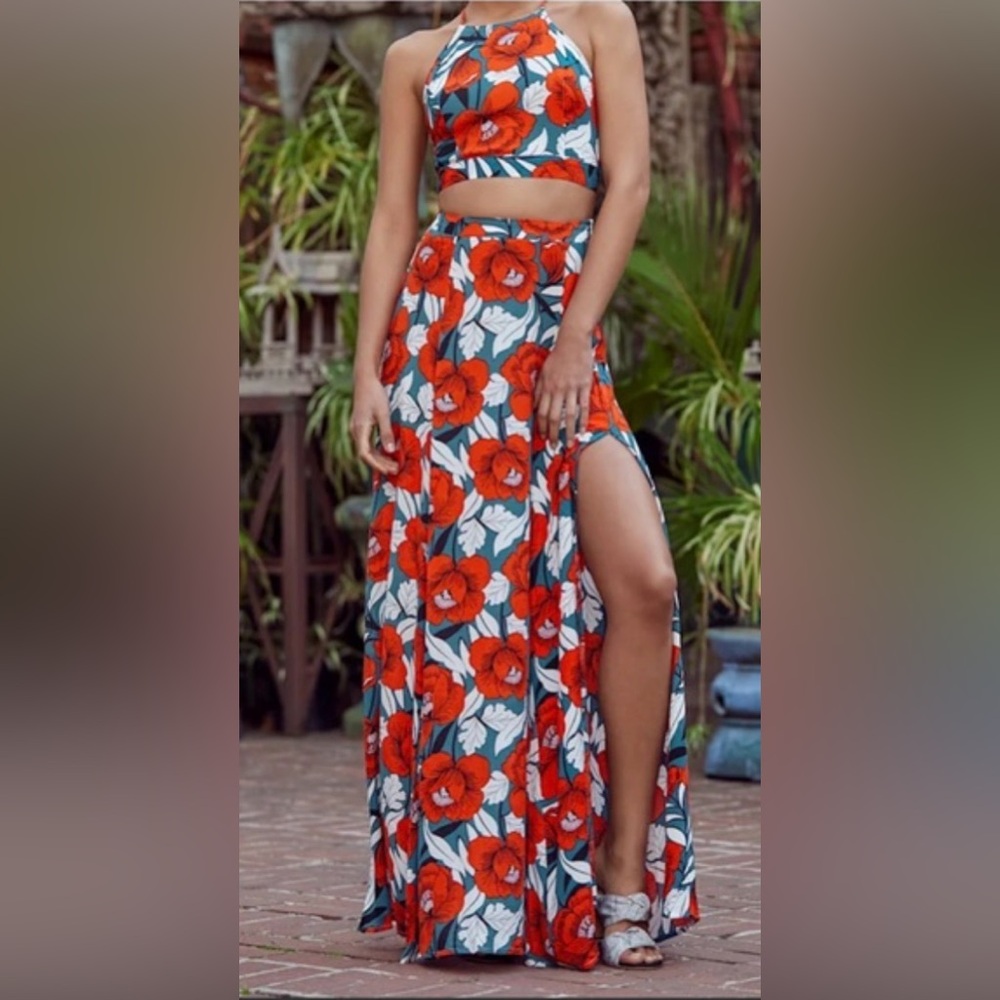 Lulu's Red Floral Two-Piece Halter Crop Top and Maxi Skirt Set